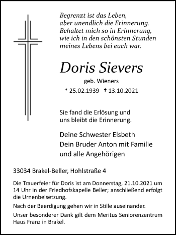 Traueranzeige von Doris Sievers von Westfalen-Blatt