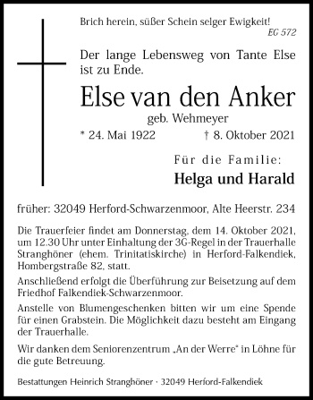 Traueranzeige von Else van den Anker von Westfalen-Blatt