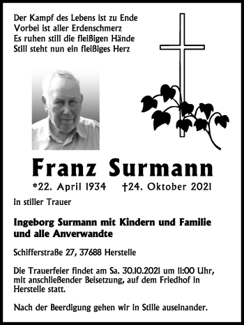 Traueranzeige von Franz Surmann von Westfalen-Blatt