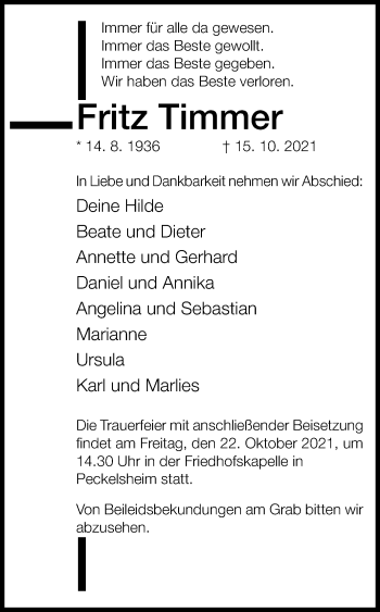 Traueranzeige von Fritz Timmer von Westfalen-Blatt