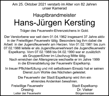 Traueranzeige von Hans-Jürgen Kersting von Westfalen-Blatt