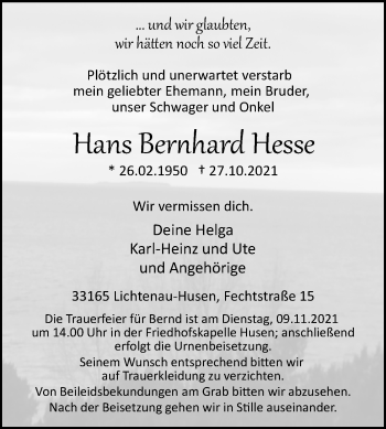 Traueranzeige von Hans Bernhard Hesse von Westfalen-Blatt