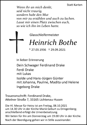 Traueranzeige von Heinrich Bothe von Westfalen-Blatt