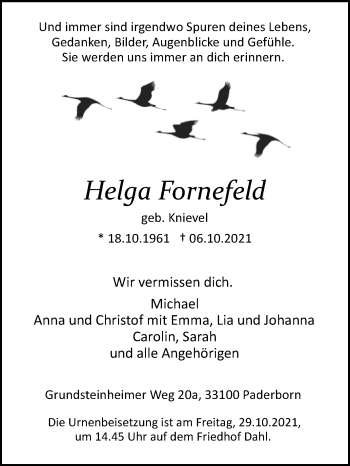 Traueranzeige von Helga Fornefeld von Westfalen-Blatt