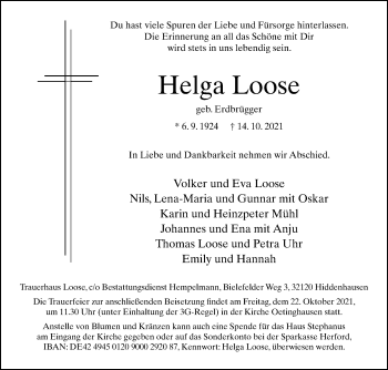 Traueranzeige von Helga Loose von Westfalen-Blatt