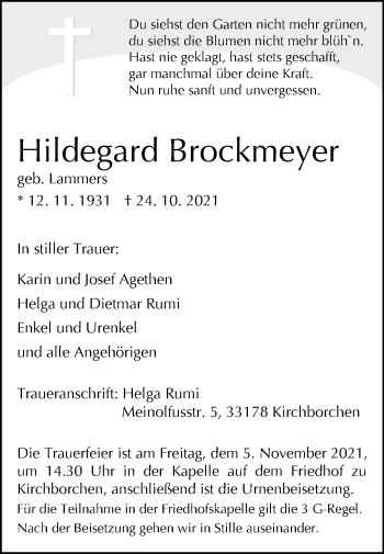 Traueranzeige von Hildegard Brockmeyer von Westfalen-Blatt