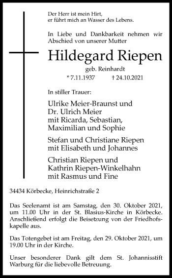 Traueranzeige von Hildegard Riepen von Westfalen-Blatt