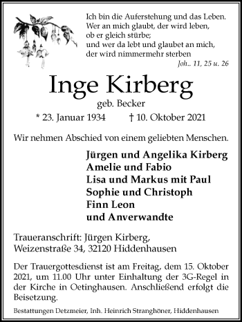 Traueranzeige von Inge Kirberg von Westfalen-Blatt