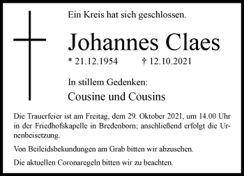 Traueranzeige von Johannes Claes von Westfalen-Blatt