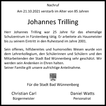 Traueranzeige von Johannes Trilling von Westfalen-Blatt