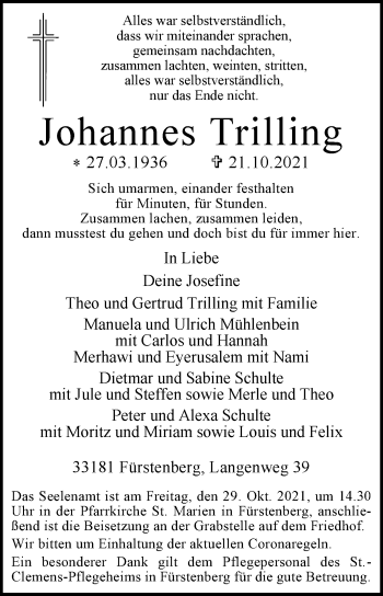 Traueranzeige von Johannes Trilling von Westfalen-Blatt