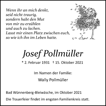 Traueranzeige von Josef Pollmüller von Westfalen-Blatt