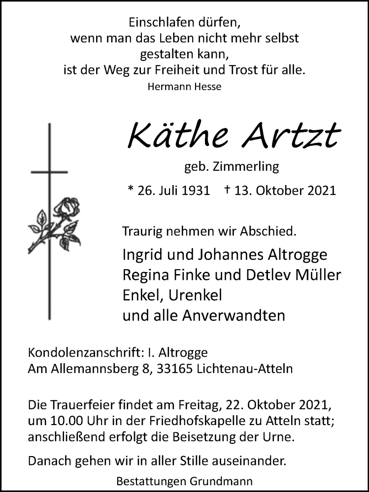  Traueranzeige für Käthe Artzt vom 16.10.2021 aus Westfalen-Blatt