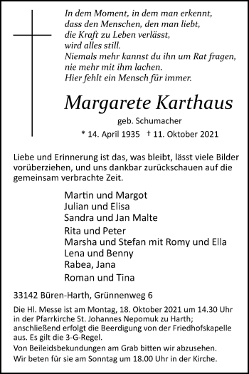 Traueranzeige von Margarete Karthaus von Westfalen-Blatt