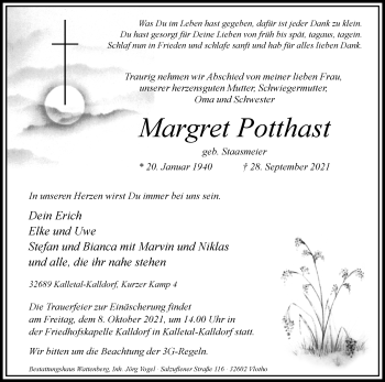 Traueranzeige von Margret Potthast von Westfalen-Blatt