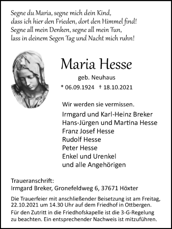 Traueranzeige von Maria Hesse von Westfalen-Blatt