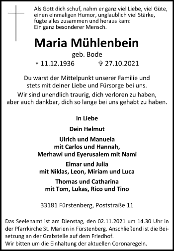 Traueranzeige von Maria Mühlenbein von Westfalen-Blatt