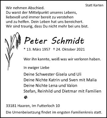 Traueranzeige von Peter Schmidt von Westfalen-Blatt