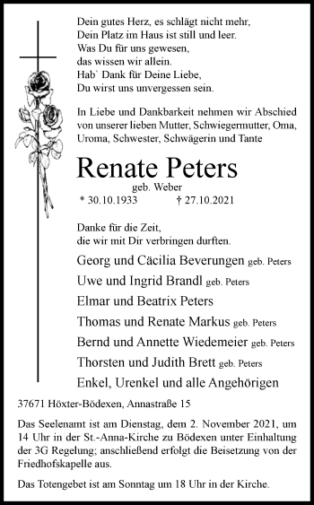 Traueranzeige von Renate Peters von Westfalen-Blatt