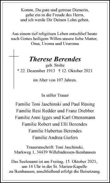 Traueranzeige von Therese Berendes von Westfalen-Blatt