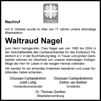 Traueranzeige von Waltraud Nagel von Westfalen-Blatt