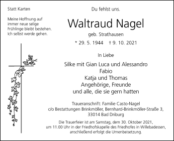 Traueranzeige von Waltraud Nagel von Westfalen-Blatt