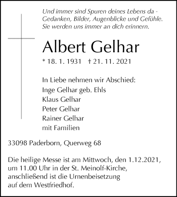 Traueranzeige von Albert Gelhar von Westfalen-Blatt