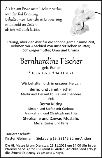 Traueranzeige von Bernhadine Fischer von Westfalen-Blatt