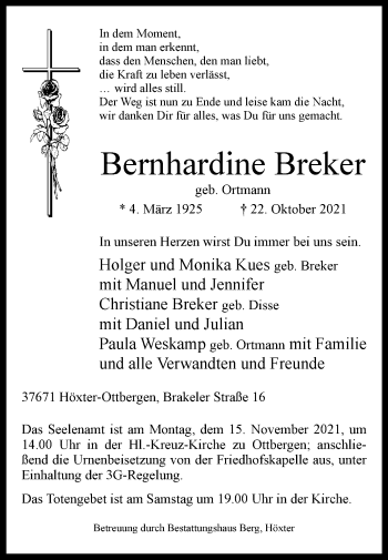 Traueranzeige von Bernhardine Breker von Westfalen-Blatt