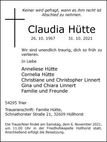 Traueranzeige von Claudia Hütte von Westfalen-Blatt