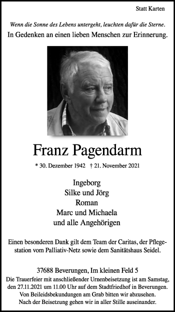 Traueranzeige von Franz Pagendarm von Westfalen-Blatt