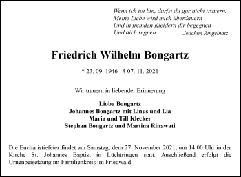 Traueranzeige von Friedrich Wilhelm Bongartz von Westfalen-Blatt