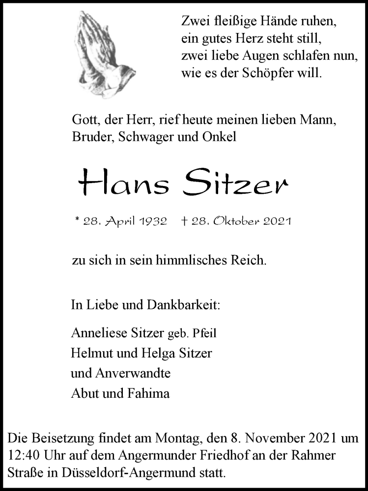  Traueranzeige für Hans Sitzer vom 06.11.2021 aus Westfalen-Blatt