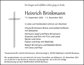 Traueranzeige von Heinrich Brinkmann von Westfalen-Blatt