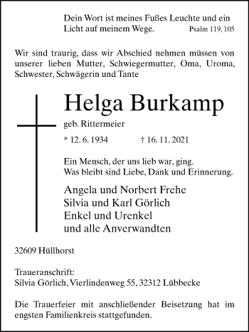 Traueranzeige von Helga Burkamp von Westfalen-Blatt