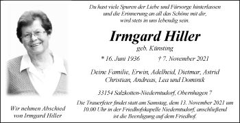 Traueranzeige von Irmgard Hiller von Westfalen-Blatt