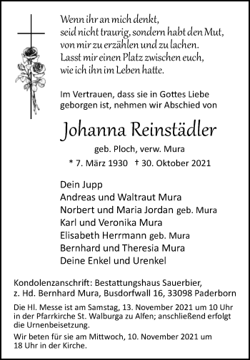 Traueranzeige von Johanna Reinstädler von Westfalen-Blatt