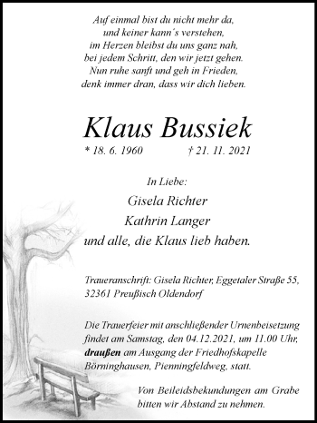 Traueranzeige von Klaus Bussiek von Westfalen-Blatt