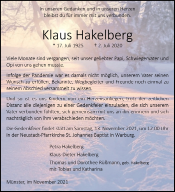 Traueranzeige von Klaus Hakelberg von Westfalen-Blatt