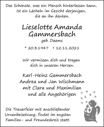 Traueranzeige von Lieselotte Amanda Gammersbach von Westfalen-Blatt