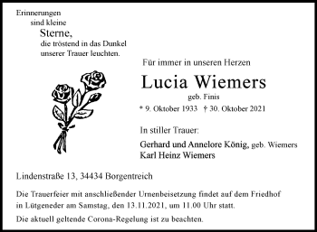 Traueranzeige von Lucia Wiemers von Westfalen-Blatt