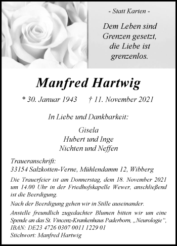 Traueranzeige von Manfred Hartwig von Westfalen-Blatt