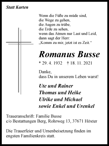 Traueranzeige von Romanus Busse von Westfalen-Blatt