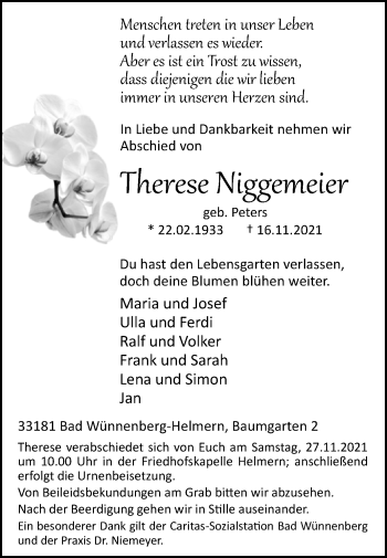 Traueranzeige von Therese Niggemeier von Westfalen-Blatt