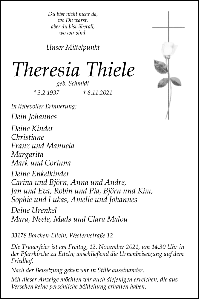  Traueranzeige für Theresia Thiele vom 10.11.2021 aus Westfalen-Blatt