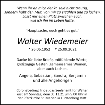 Traueranzeige von Walter Wiedemeier von Westfalen-Blatt