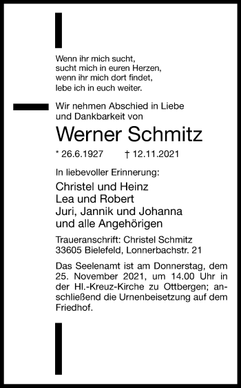 Traueranzeige von Werner Schmitz von Westfalen-Blatt