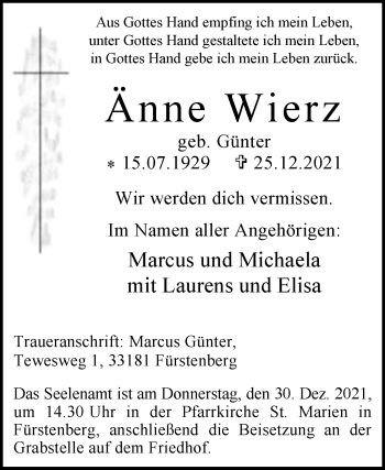 Traueranzeige von Änne Wierz von Westfalen-Blatt