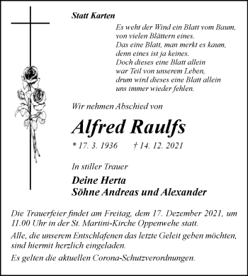 Traueranzeige von Alfred Raulfs von Westfalen-Blatt