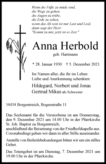 Traueranzeige von Anna Herbold von Westfalen-Blatt